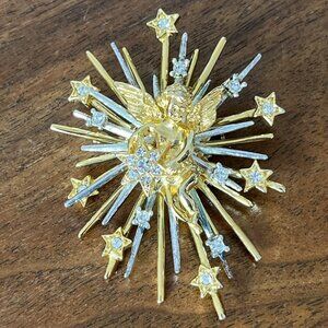 Starburst Angel Cherub Brooch Gold-Tone Pin Rhinestones Inspiration on Back